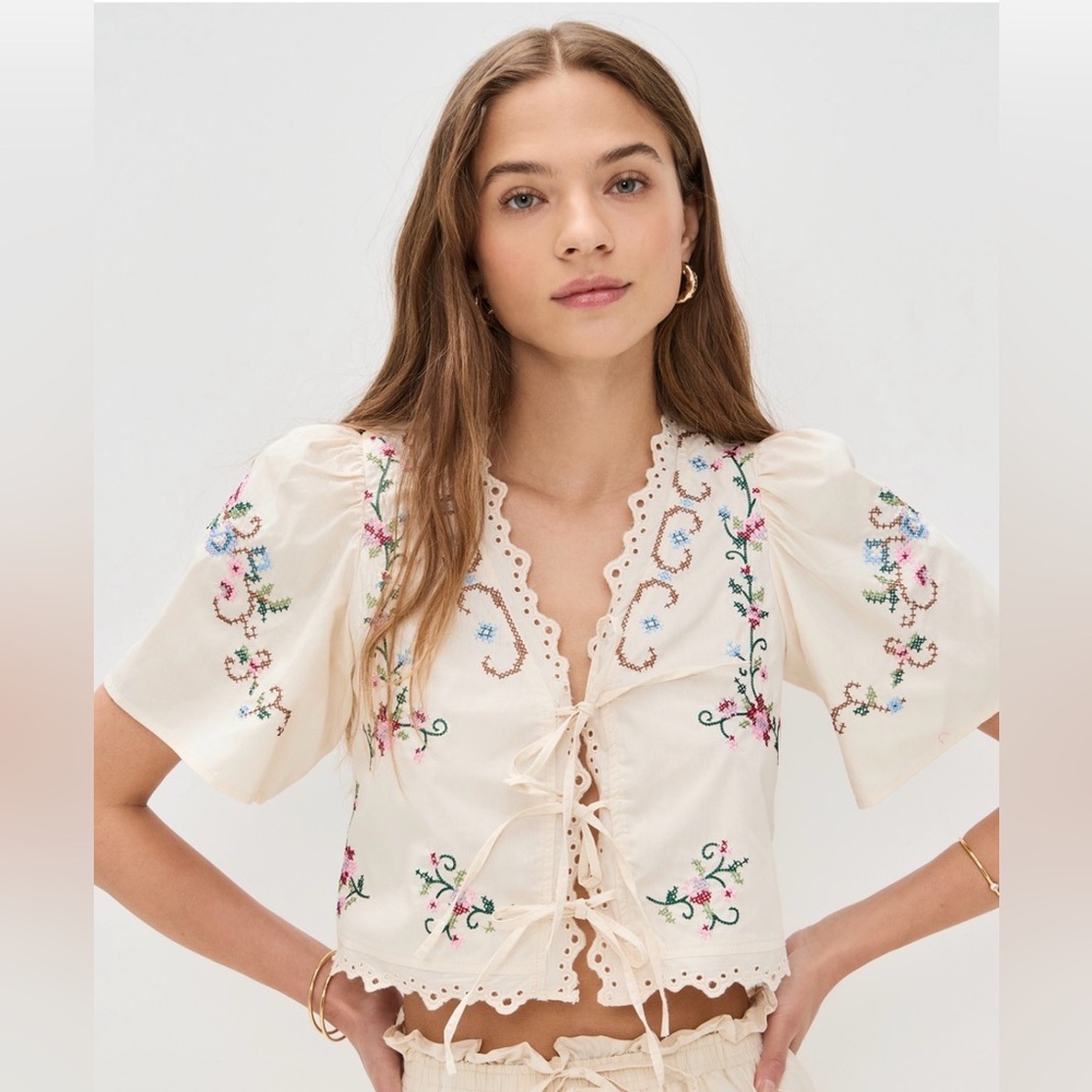 Moon River Short Sleeve Eyelet Detail Top XS